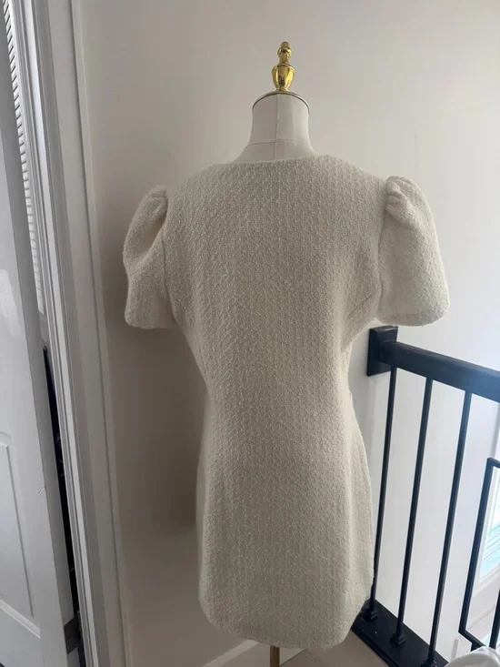 Aqua Ivory Bouclé Short-Sleeve Mini Dress with Decorative Buttons - Picture 6 of 8